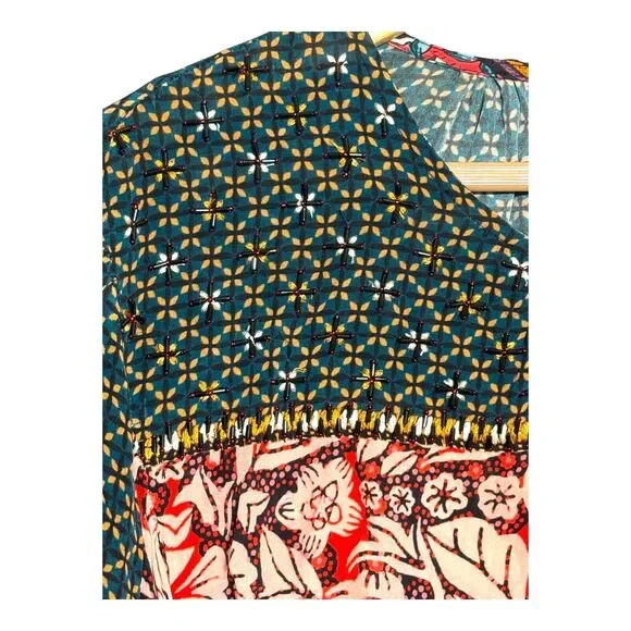ANTHROPOLOGIE WOMENS BOHO BLOUSE SMALL MULTICOLOR BEADED SEQUIN FLORAL PRINT - Picture 13 of 16
